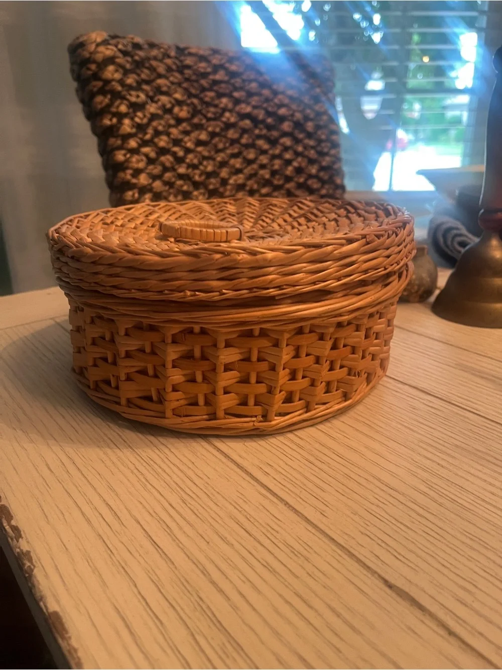 Vintage Woven Round Rattan Trinket Box with Lid